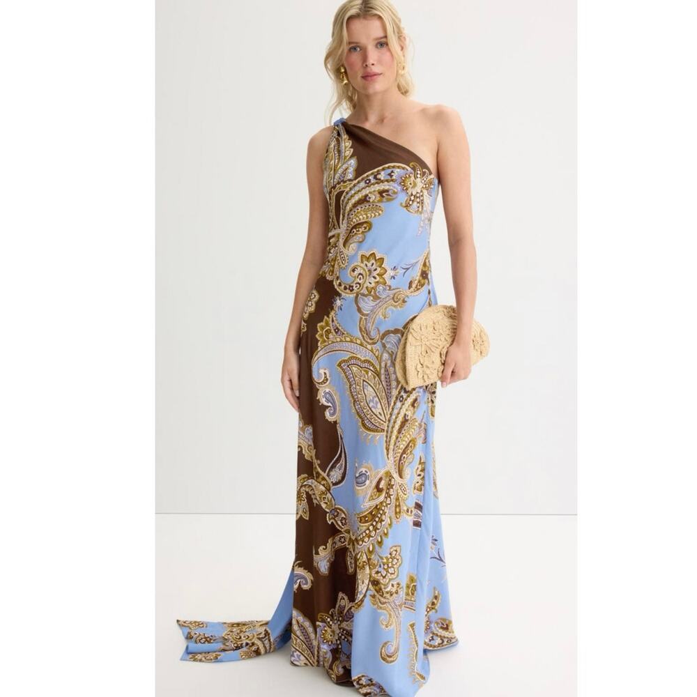 HEMANT & NANDITA Blue Brown Saya One Shoulder Paisley Print Dress sz Medium